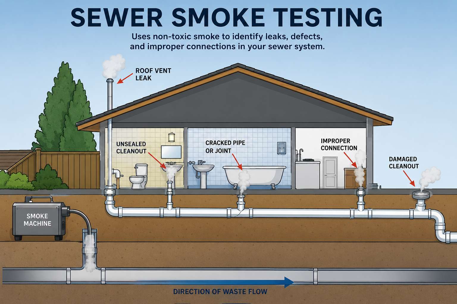 Diagram showing how sewer smoke testing identifies leaks and plumbing defects